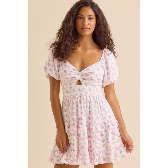 Altar'd State Mini Dress Ivory Pink Floral Tiered Ruffle Size Medium